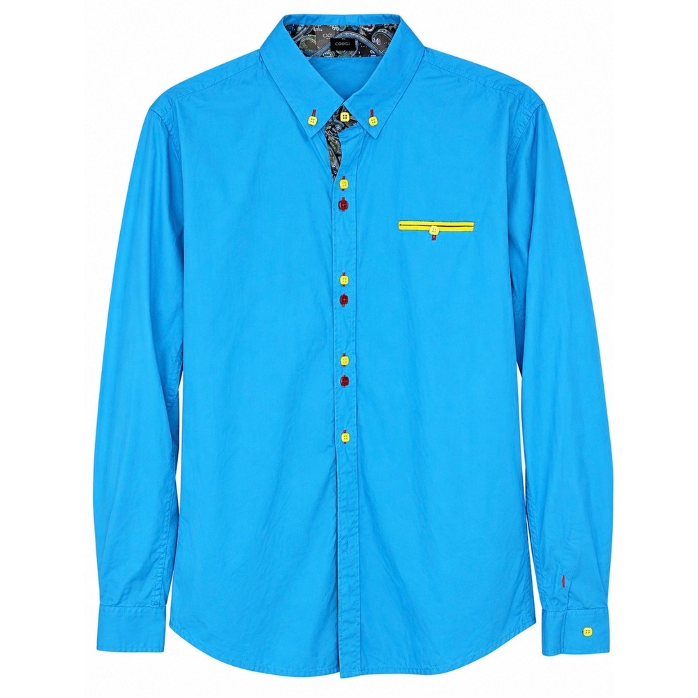 COOFANDY Button Down Shirt Men's Medium Blue Paisley Trim Multi-Color